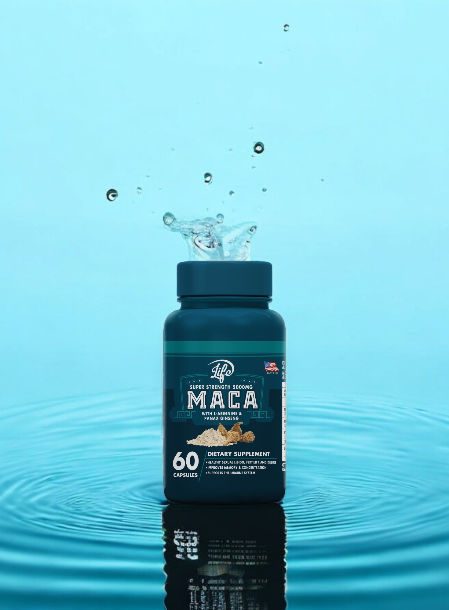 Imagen botella de suplementos con fondo de agua azul