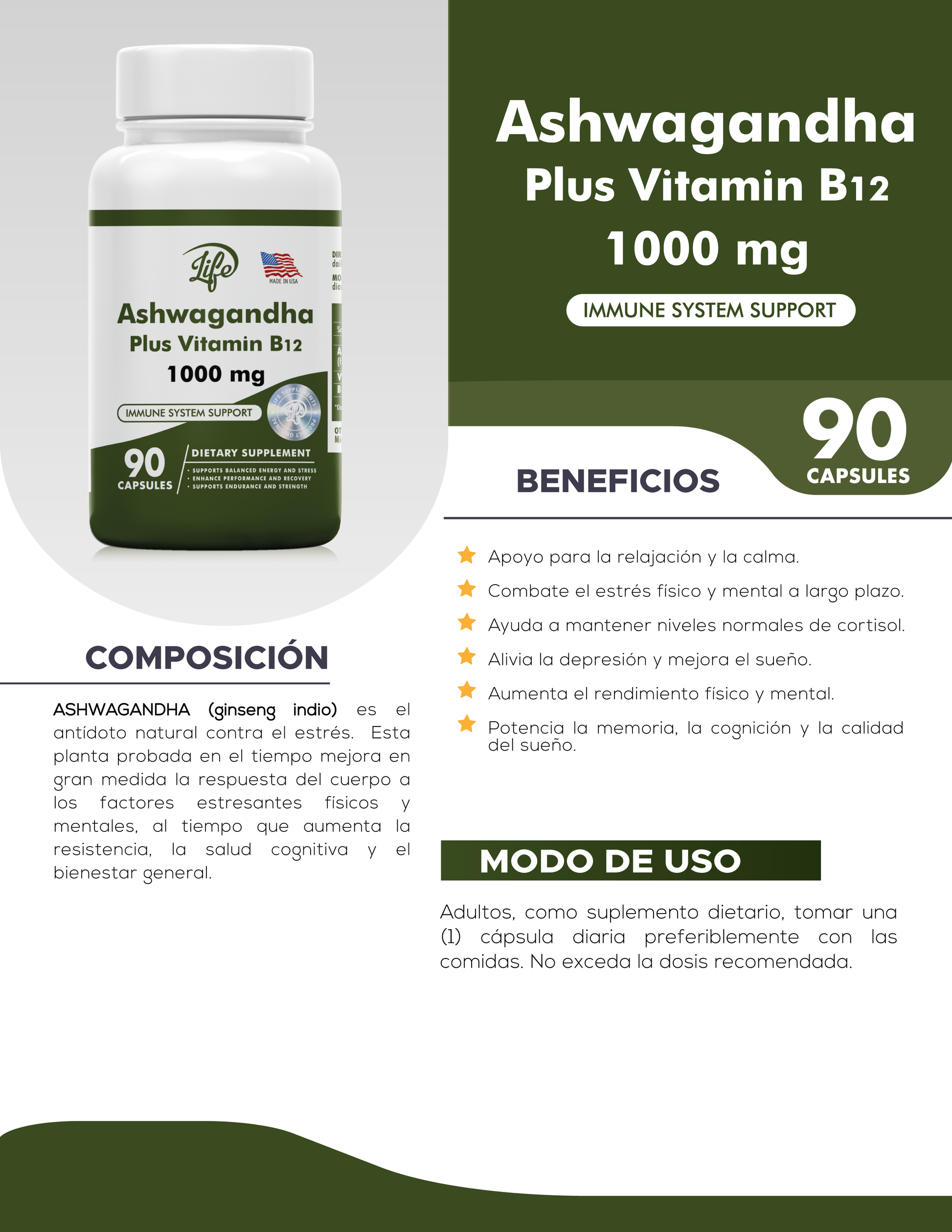 frasco con 90 capsula de ashwagandha suplement para el sistema nervioso